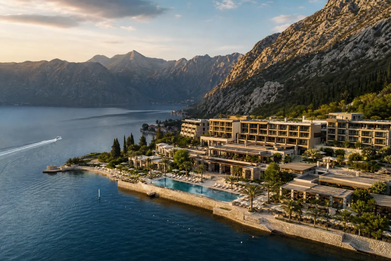 Hyatt Regency Kotor Bay Resort mit Blick auf die Bucht von Kotor und die umliegenden Berge Montenegros