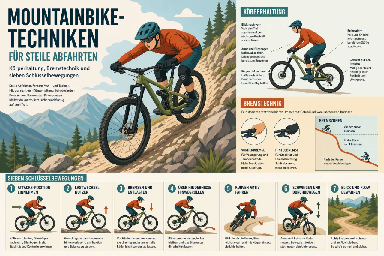 Mountainbike-Techniken für steile Abfahrten: Körperhaltung, Bremstechnik und sieben Schlüsselbewegungen