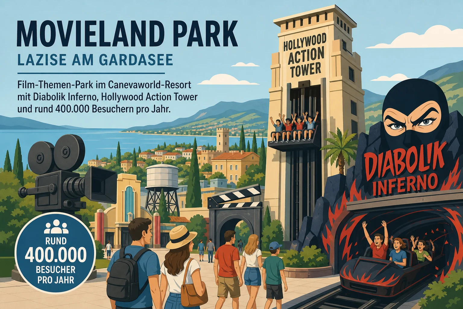 Movieland Park in Lazise am Gardasee: Film-Themen-Park im Canevaworld-Resort mit Diabolik Inferno, Hollywood Action Tower und rund 400.000 Besuchern pro Jahr