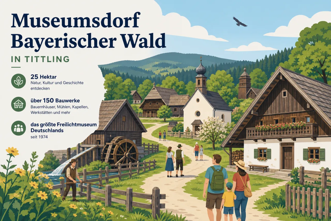 Museumsdorf Bayerischer Wald in Tittling: 25 Hektar, über 150 Bauwerke und das größte Freilichtmuseum Deutschlands seit 1974