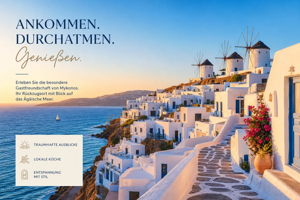 Mykonos-Stadt mit weißen Häusern und Windmühlen am Meer