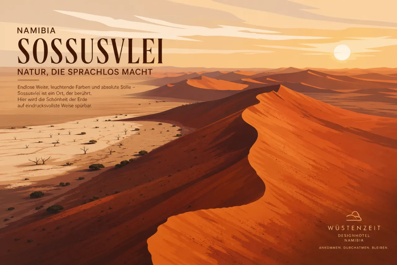 Sossusvlei-Dünen im Morgenlicht, roter Sand vor blauem Himmel, Namibia