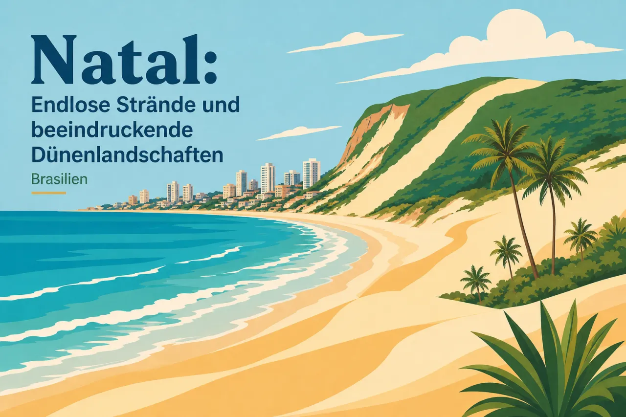 Illustration: Weiter Sandstrand mit türkisblauem Meer und hohen grünen Dünen, Palmen im Vordergrund, Hochhäuser am Horizont unter blauem Himmel mit Wolken.