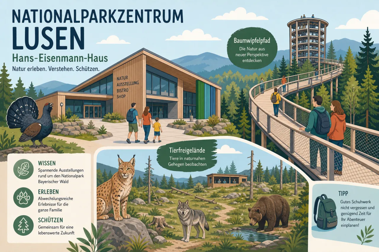 Nationalparkzentrum Lusen — Hans-Eisenmann-Haus, Tierfreigelände und Baumwipfelpfad bei Neuschönau