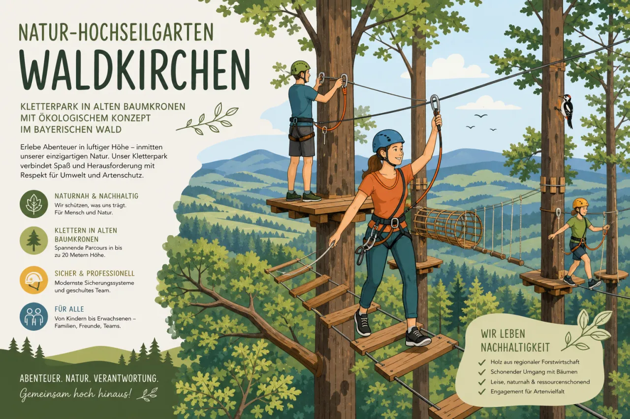 Natur-Hochseilgarten Waldkirchen: Kletterpark in alten Baumkronen mit ökologischem Konzept im Bayerischen Wald