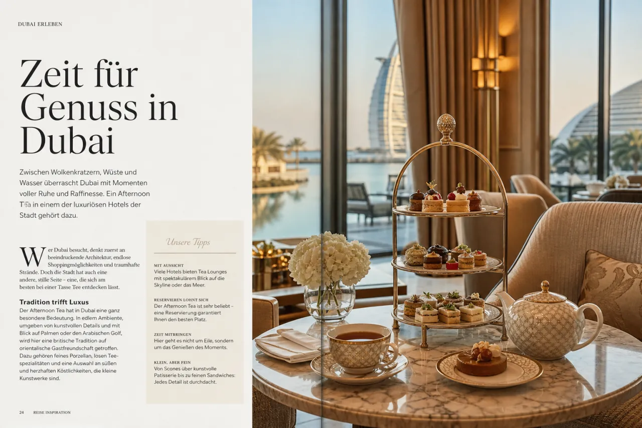 Afternoon Tea im Shai Salon des Four Seasons Resort Dubai mit Tee und feinen Desserts