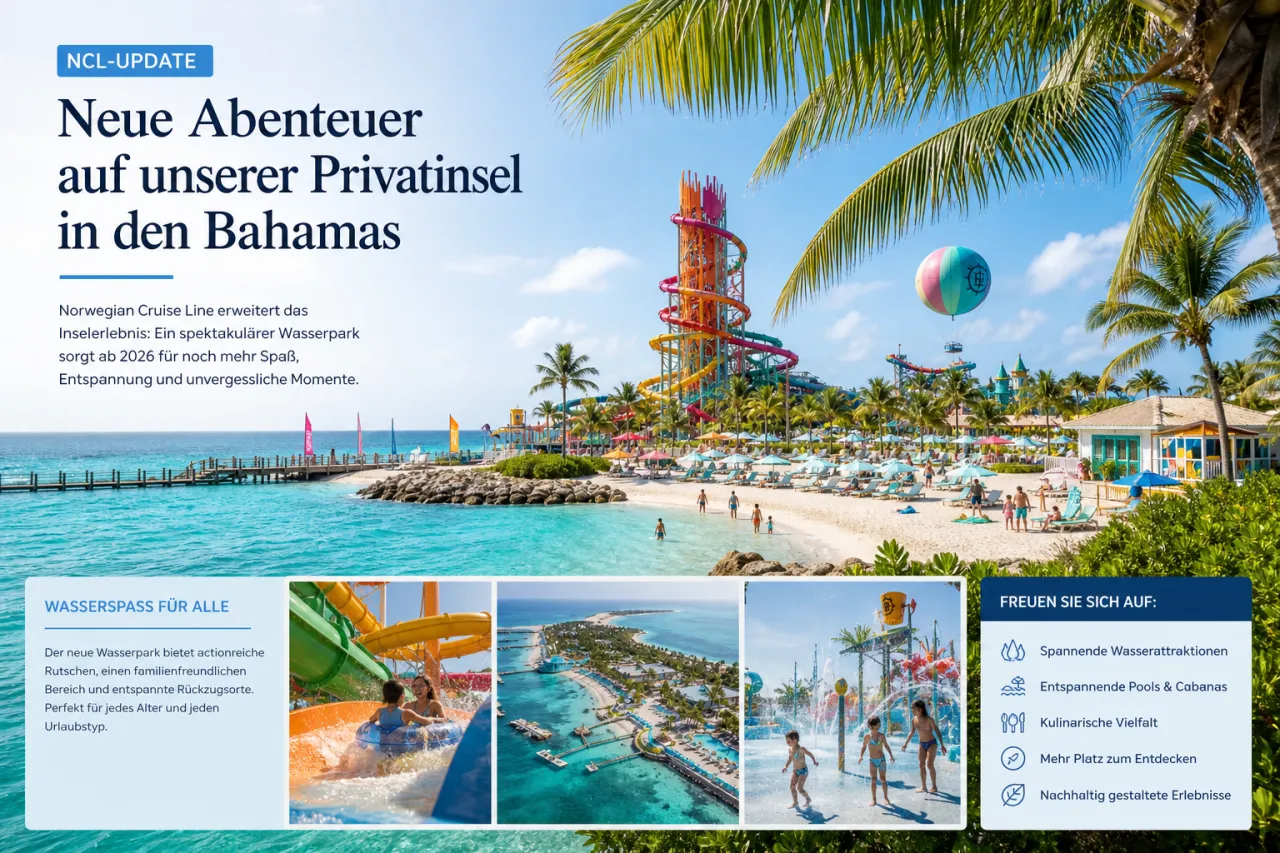 Great Stirrup Cay als NCL-Privatinsel in den Bahamas mit Ankündigung des Wasserparks