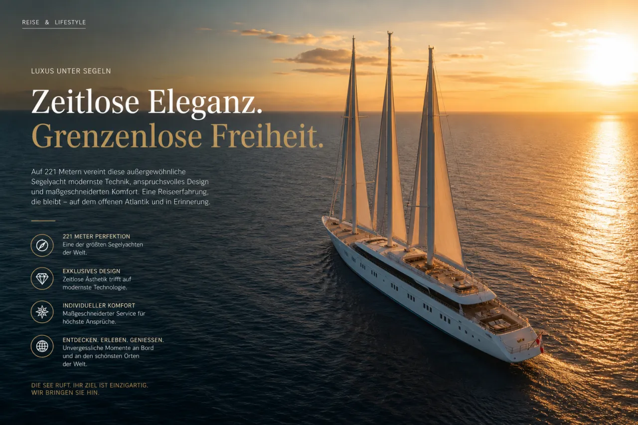 Orient Express Corinthian Segelschiff auf dem Atlantik, 221 Meter langes Luxus-Segelschiff bei Sonnenuntergang