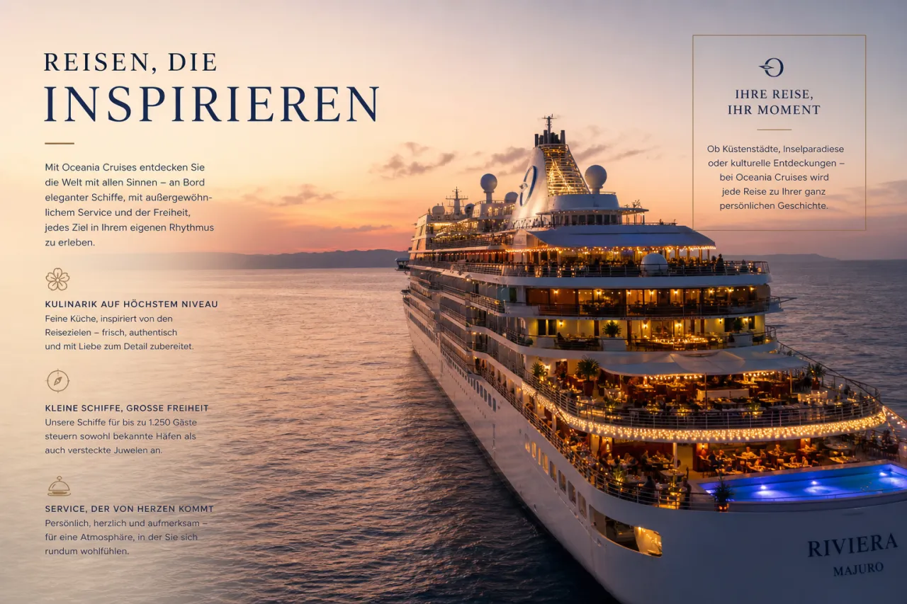 Oceania Cruises Schiff auf ruhigem Wasser bei Sonnenuntergang, festlich beleuchtet am Bug
