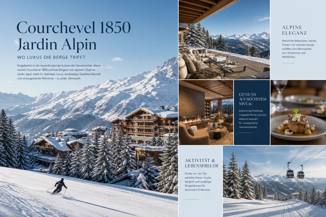 Courchevel 1850 mit verschneiten Hängen und Hotelbauten im Jardin Alpin