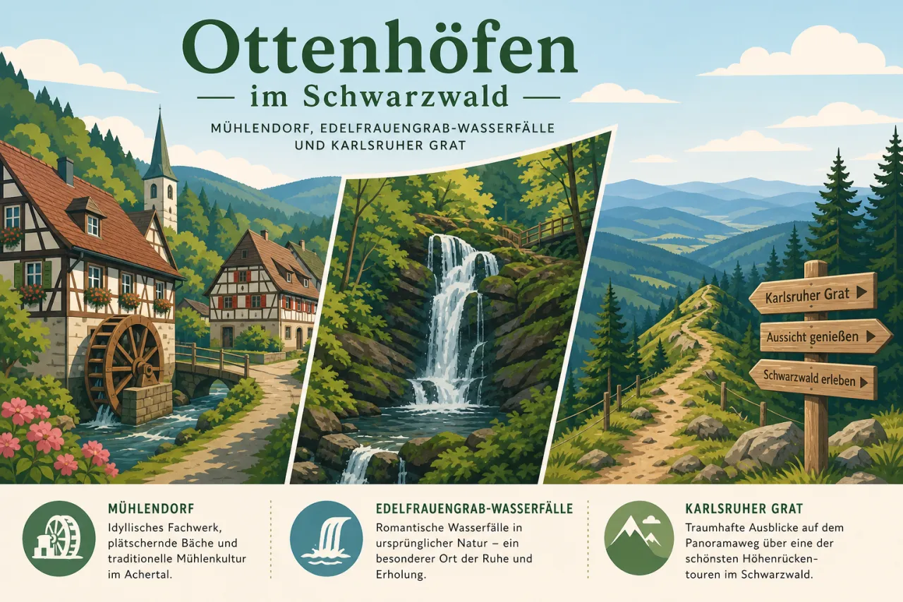 Ottenhöfen im Schwarzwald: Mühlendorf, Edelfrauengrab-Wasserfälle und Karlsruher Grat