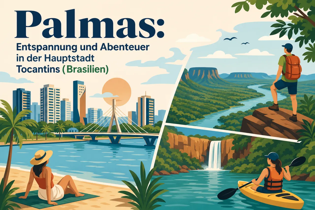 Illustration: Palmas mit moderner Skyline und Brücke links, Frau am Strand mit Hut; rechts Wanderer auf Felsvorsprung, Kanufahrerin am Fluss mit Wasserfall in tropischer Landschaft.