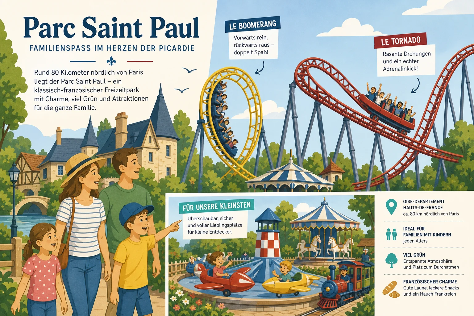 Parc Saint Paul im Oise-Departement rund 80 Kilometer nördlich von Paris: klassisch-französischer Familien-Freizeitpark mit Le Boomerang, Le Tornado und einer überschaubaren Anlage für Eltern mit jüngeren Kindern