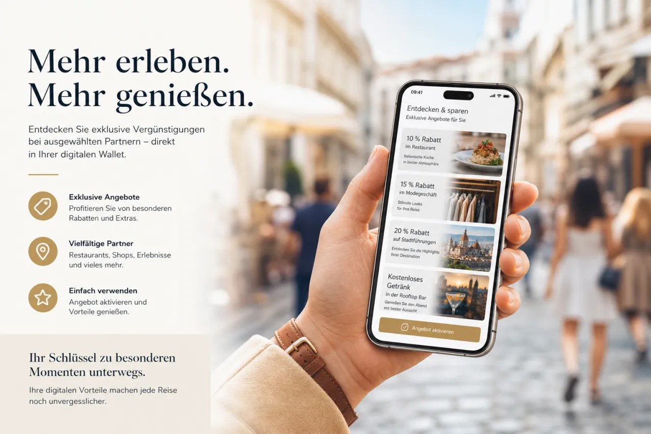 Smartphone mit mobilem Wallet-Pass und Stadtkulisse im Hintergrund — Loyalty-App für Reisende