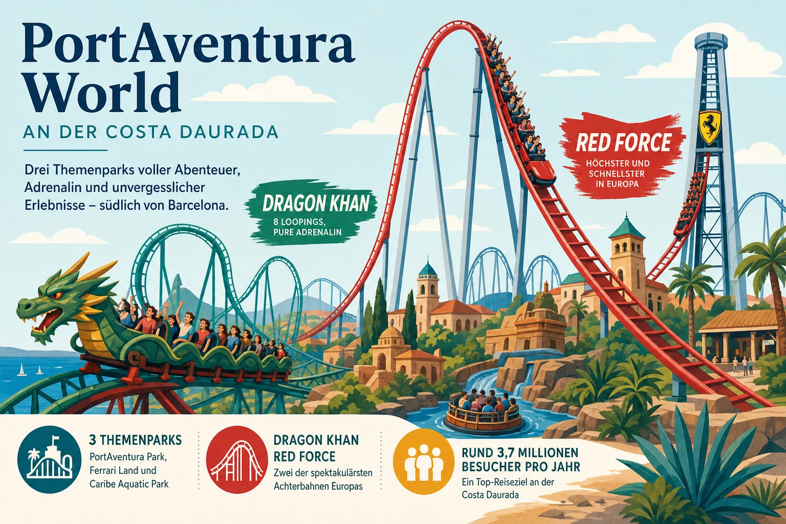 PortAventura World an der Costa Daurada: drei Themenparks mit Dragon Khan, Red Force und rund 3,7 Millionen Besuchern pro Jahr südlich von Barcelona