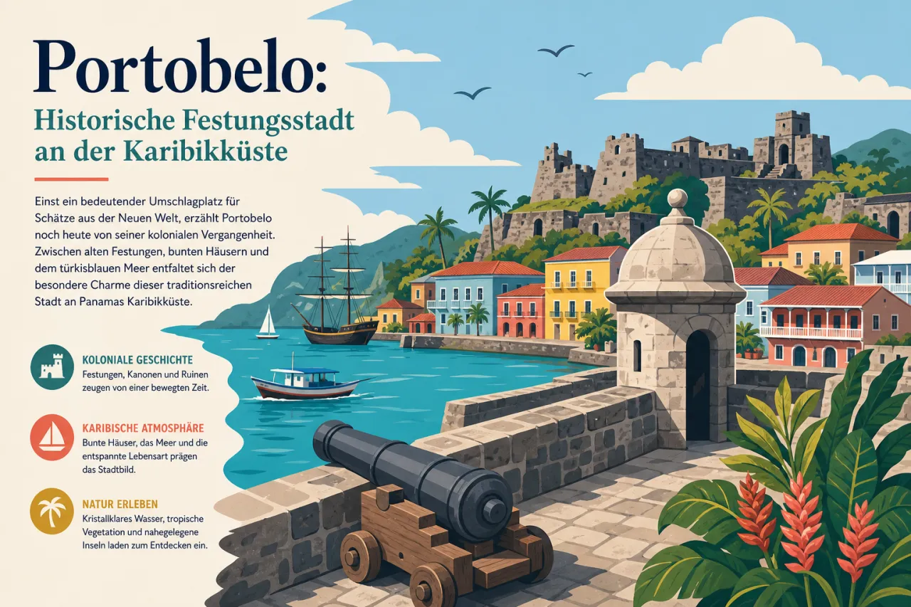 Illustration: Koloniale Hafenstadt mit Steingebäuden und roten Dächern an türkisblauem Wasser, umgeben von grünen Hügeln und Palmen
