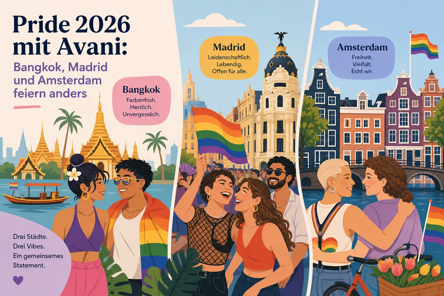 Pride 2026 mit Avani: Bangkok, Madrid und Amsterdam feiern anders