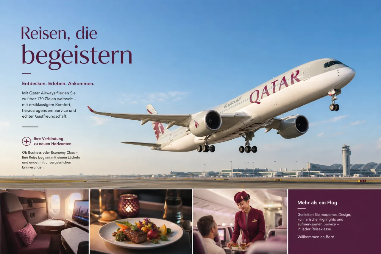 Qatar Airways Flugzeug beim Start, blauer Himmel, Katar-Livery