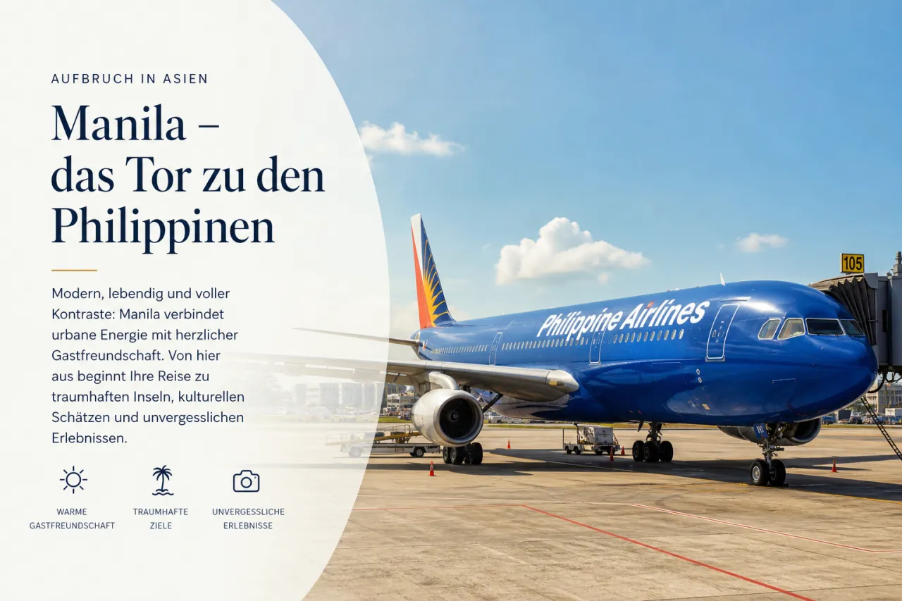 Flugzeug von Philippine Airlines auf dem Rollfeld bei Tageslicht, blaue Lackierung mit Flaggen-Logo