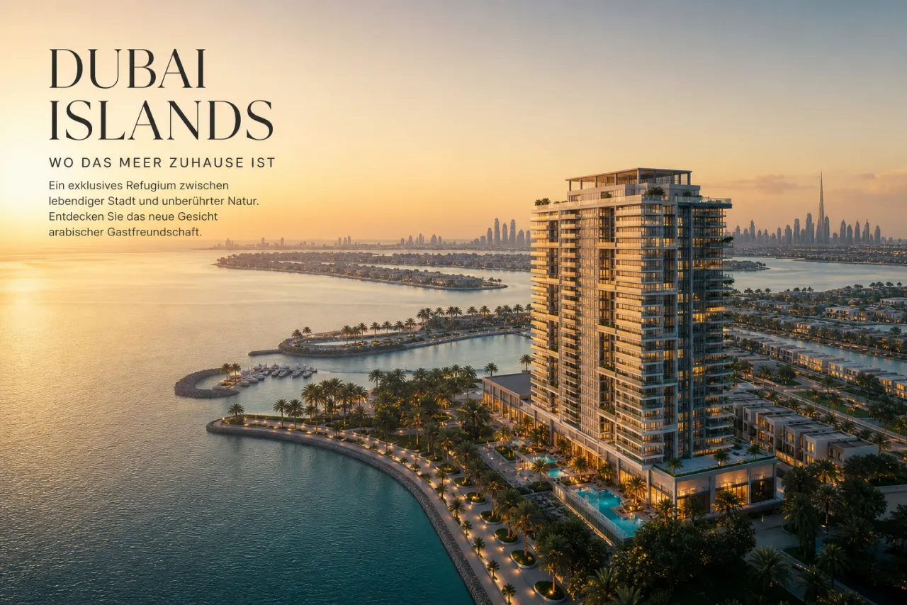Moderne Wohnanlage Ramada Residences by Wyndham auf den Dubai Islands bei Sonnenuntergang