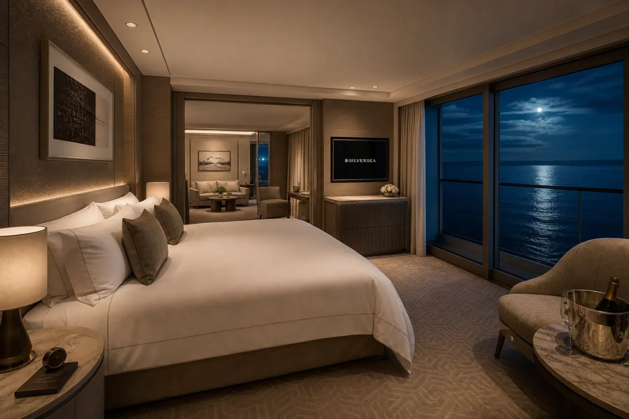 Luxuriöse Suite auf einem Kreuzfahrtschiff mit handgefertigtem Doppelbett und Meerblick