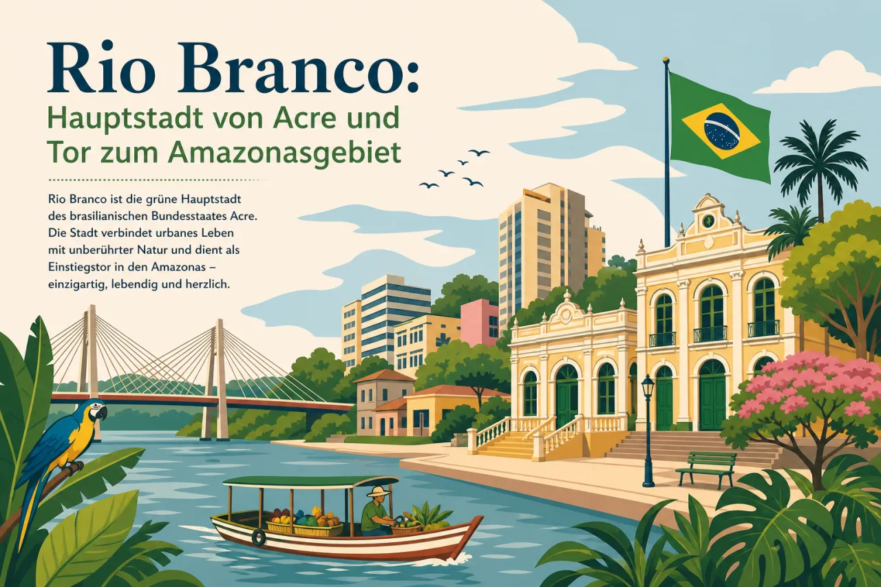 Illustration: Amazonas-Flusssiedlung mit farbigen Häusern, Palmen und Boot auf Wasserkanalroute durch Regenwald-Region