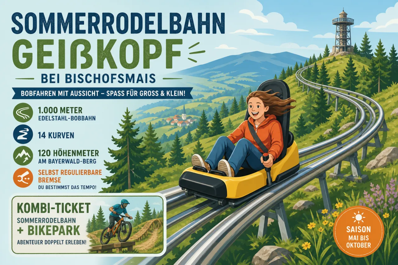 Sommerrodelbahn Geißkopf bei Bischofsmais — 1.000 Meter Edelstahl-Bobbahn mit 14 Kurven und 120 Höhenmetern am Bayerwald-Berg, Saison Mai bis Oktober mit selbst regulierbarer Bremse und Kombi-Ticket zum Bikepark
