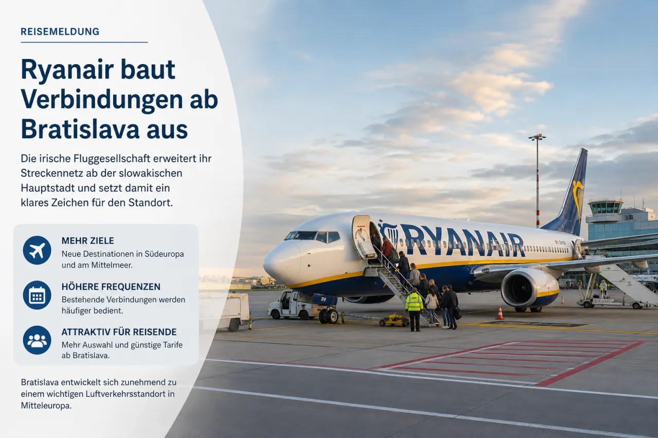 Ryanair-Flugzeug am Flughafen Bratislava mit Rollfeld im Hintergrund
