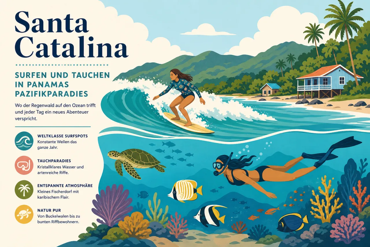 Illustration: Frau auf gelbem Surfboard reitet Welle, im Hintergrund Strandhaus unter Palmen, unten Unterwasserszenerie mit Schildkröte, Taucher und bunten Korallen.