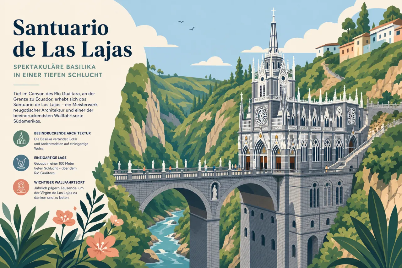 Illustration: Weiße gotische Basilika mit Kreuz auf hoher Brücke über enge grüne Schlucht mit Fluss, umgeben von Felswänden und Vegetation.