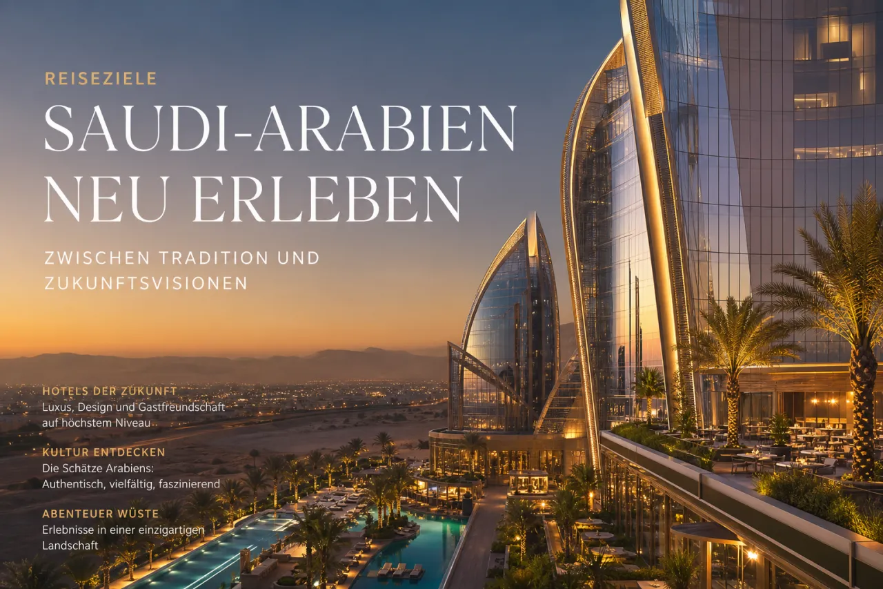 Neue Hotelentwicklung in Saudi-Arabien mit moderner Skyline bei Nacht