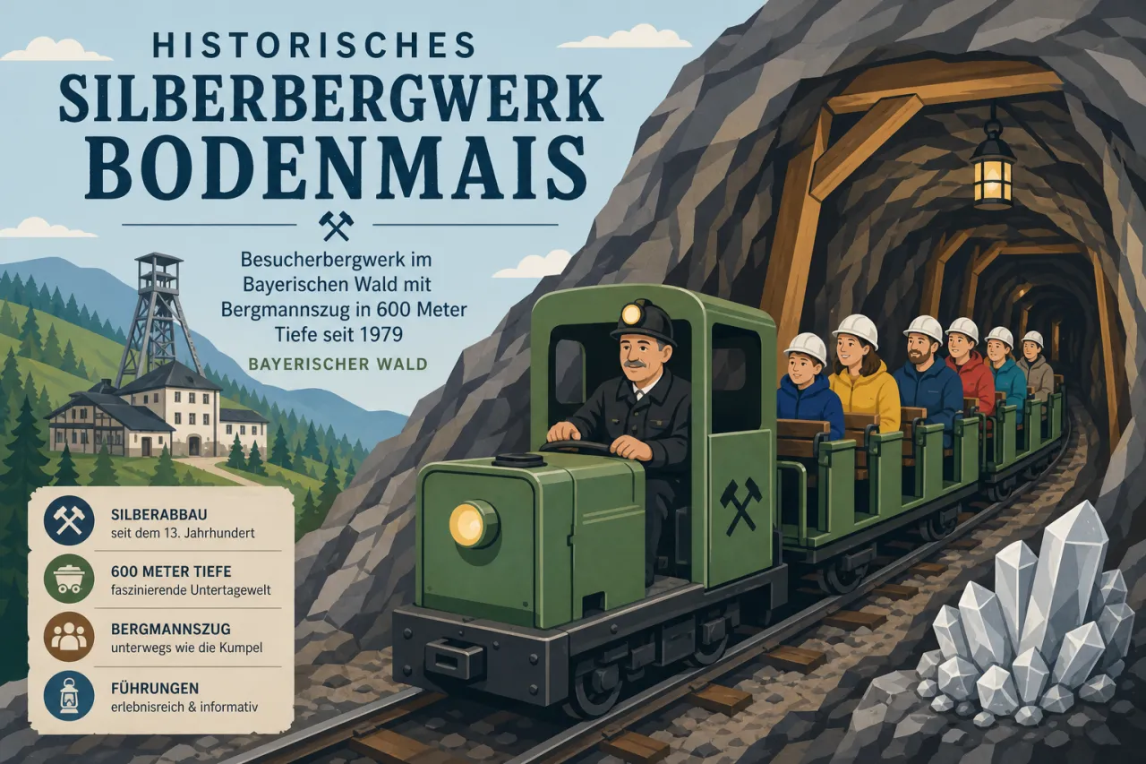 Historisches Silberbergwerk Bodenmais: Besucherbergwerk im Bayerischen Wald mit Bergmannszug in 600 Meter Tiefe seit 1979