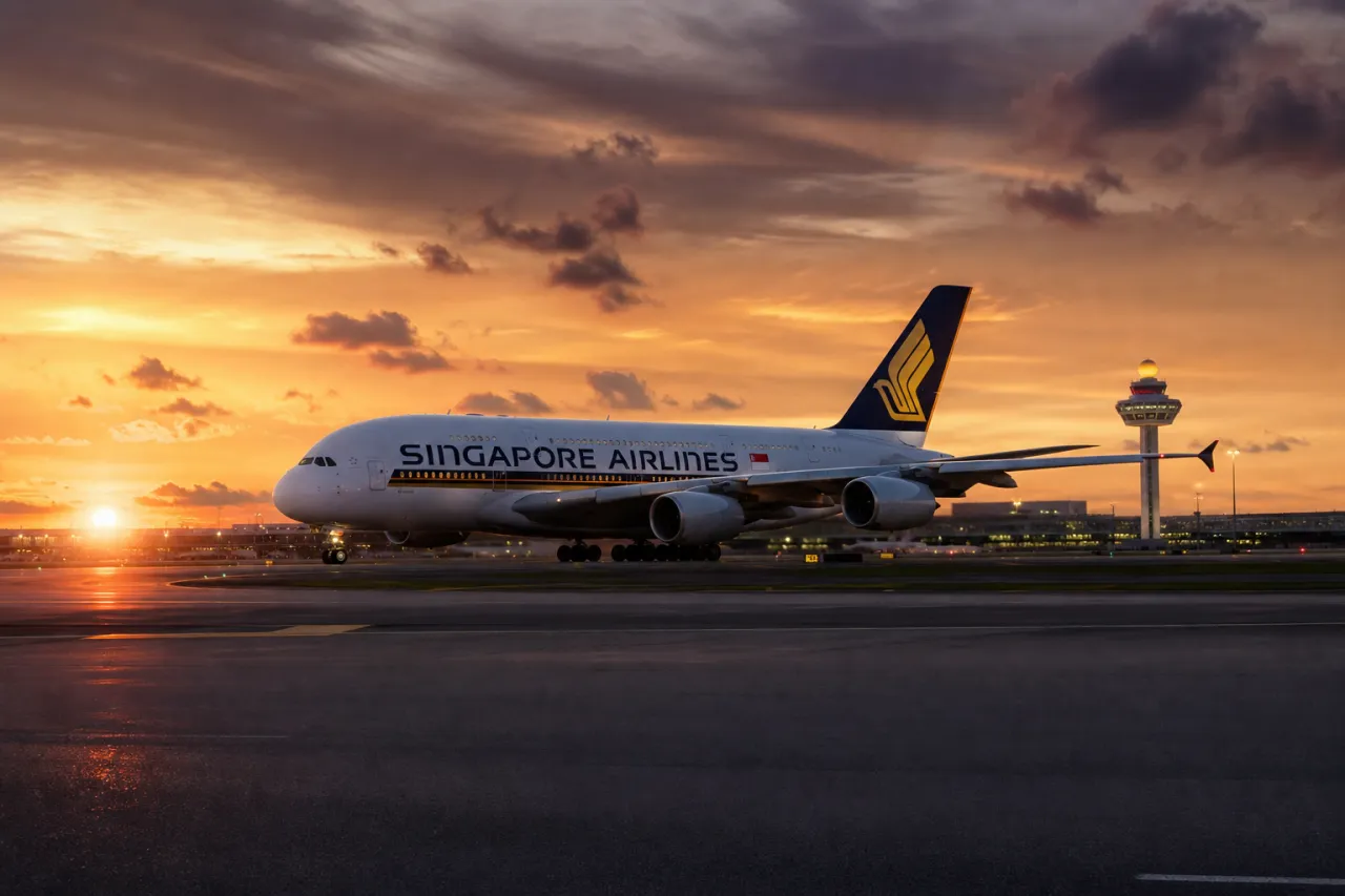Singapore Airlines Boeing 777 beim Abflug, blauer Himmel, Singapur-Lackierung