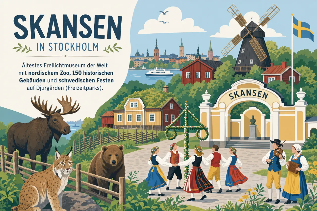 Skansen in Stockholm: Ältestes Freilichtmuseum der Welt mit nordischem Zoo, 150 historischen Gebäuden und schwedischen Festen auf Djurgården