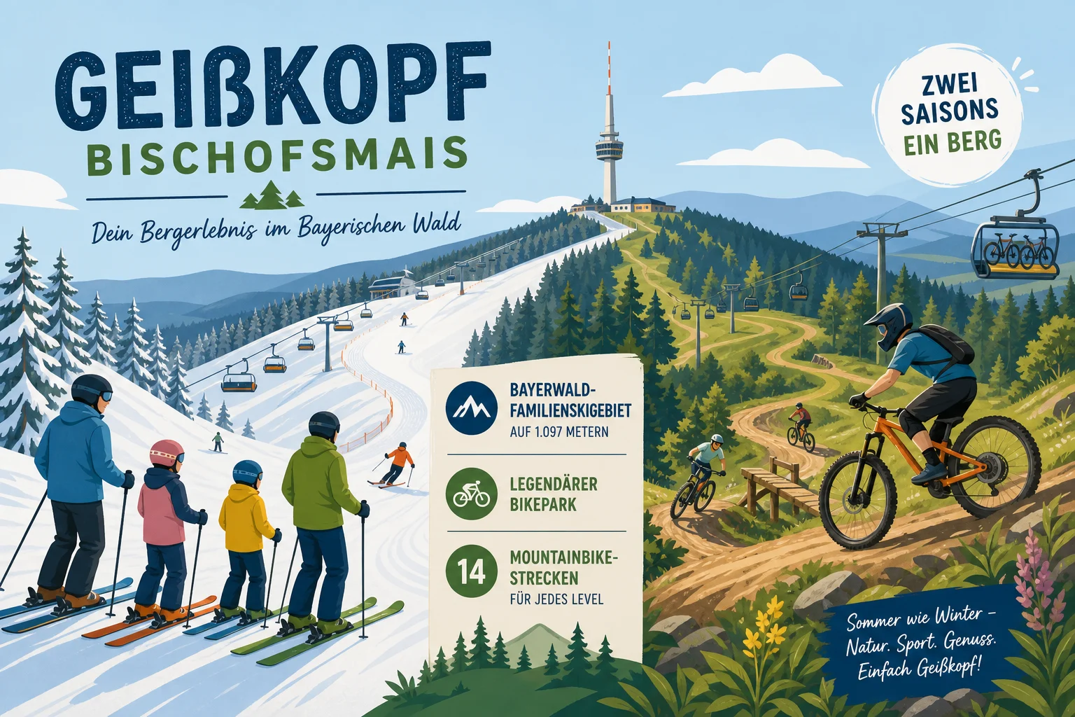 Skigebiet Geißkopf in Bischofsmais — Bayerwald-Familienskigebiet auf 1.097 Metern mit legendärem Bikepark und 14 Mountainbike-Strecken im Sommer