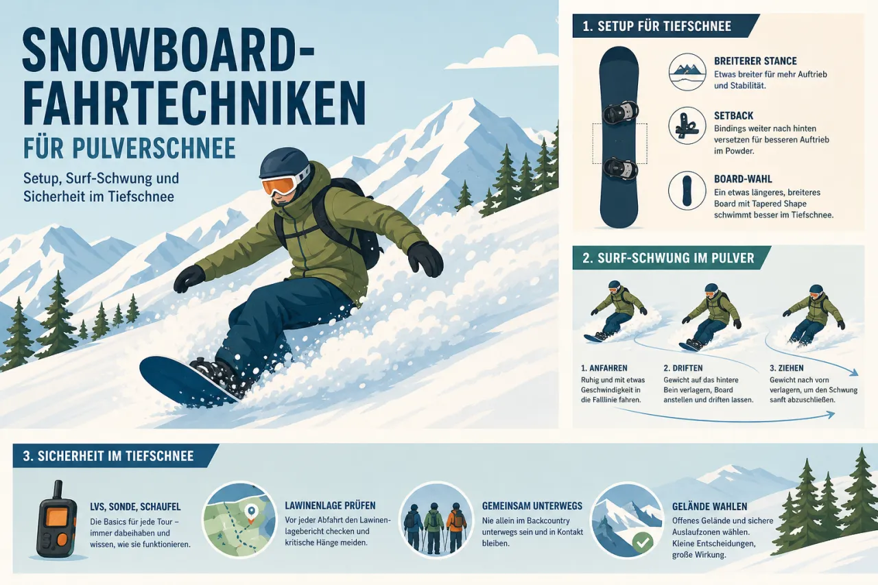 Snowboard-Fahrtechniken für Pulverschnee: Setup, Surf-Schwung und Sicherheit im Tiefschnee
