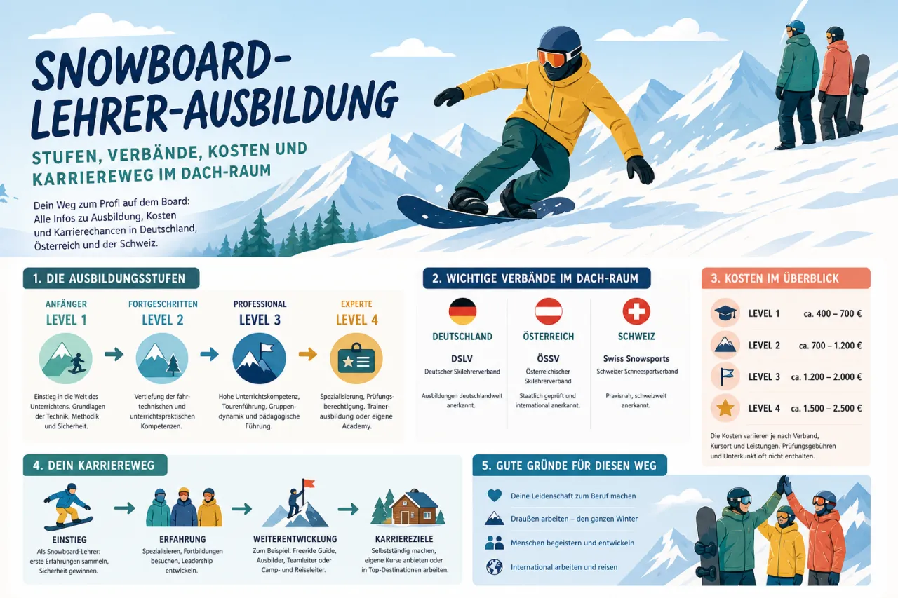 Snowboard-Lehrer-Ausbildung: Stufen, Verbände, Kosten und Karriereweg im DACH-Raum