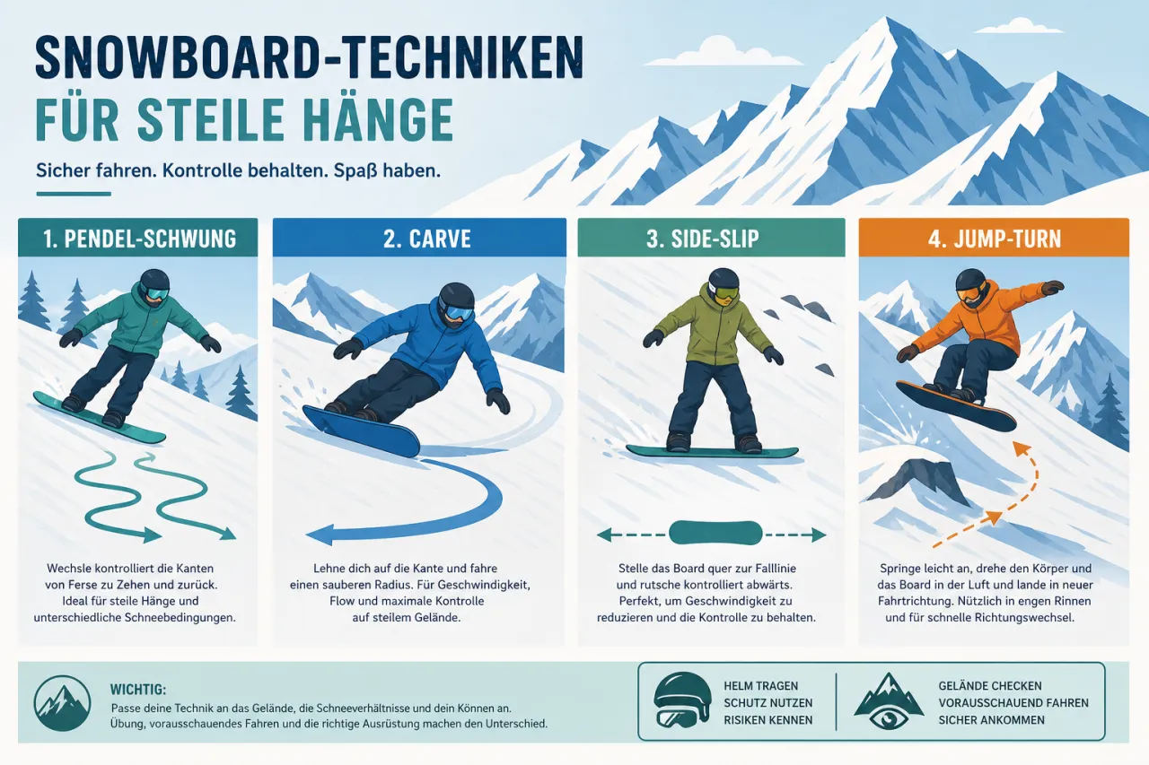 Snowboard-Techniken für steile Hänge: Pendel-Schwung, Carve, Side-Slip und Jump-Turn
