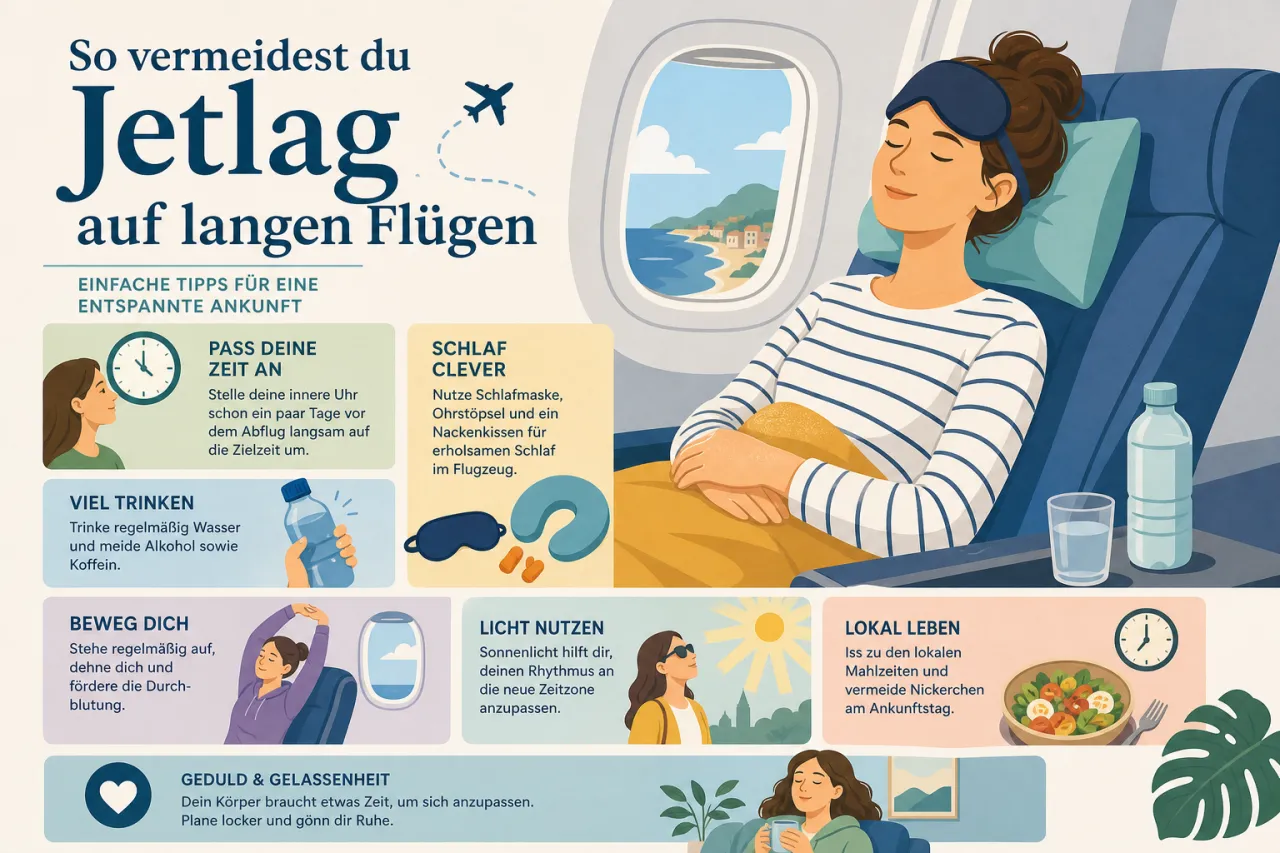 So vermeidest du Jetlag auf langen Flügen