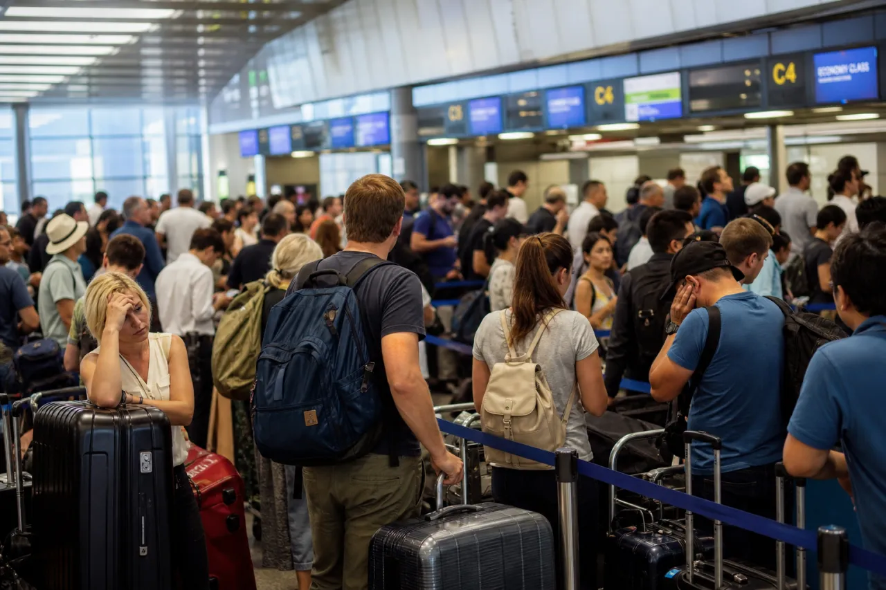 Überfüllter Flughafenterminal mit langen Schlangen vor den Check-in-Schaltern im Sommer