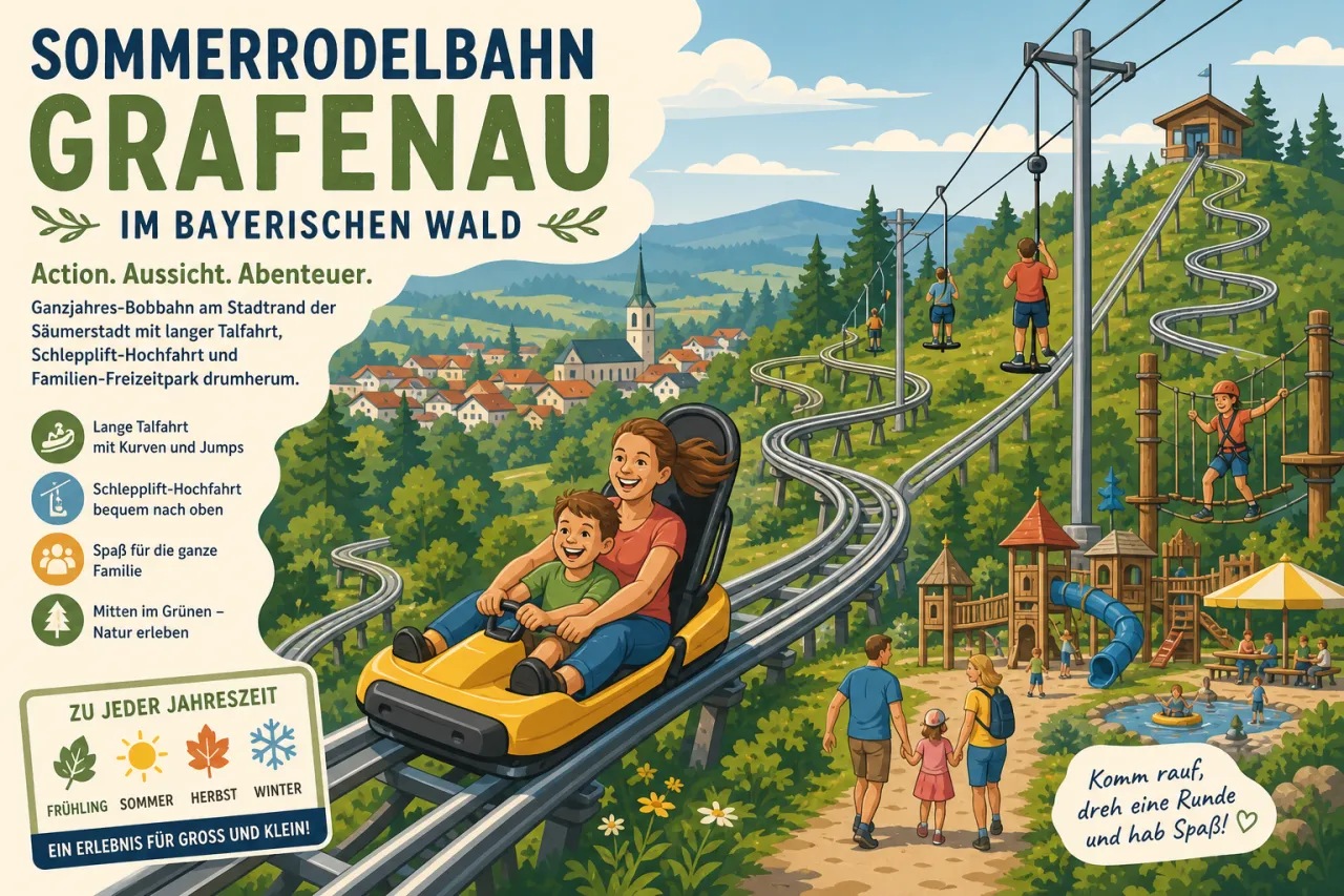 Sommerrodelbahn Grafenau im Bayerischen Wald — Ganzjahres-Bobbahn am Stadtrand der Säumerstadt mit langer Talfahrt, Schlepplift-Hochfahrt und Familien-Freizeitpark drumherum