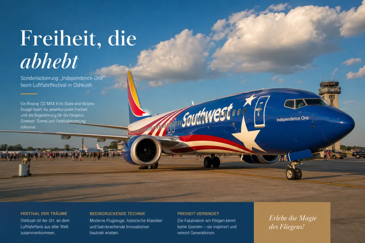 Southwest Boeing 737 MAX 8 mit Sonderlackierung Independence One vor der AirVenture-Atmosphäre