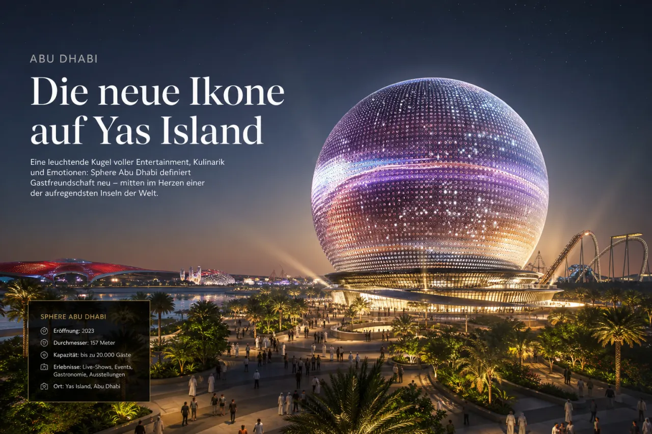Yas Island Abu Dhabi aus der Luft mit Yas Mall und SeaWorld, Bauplatz für Sphere Abu Dhabi
