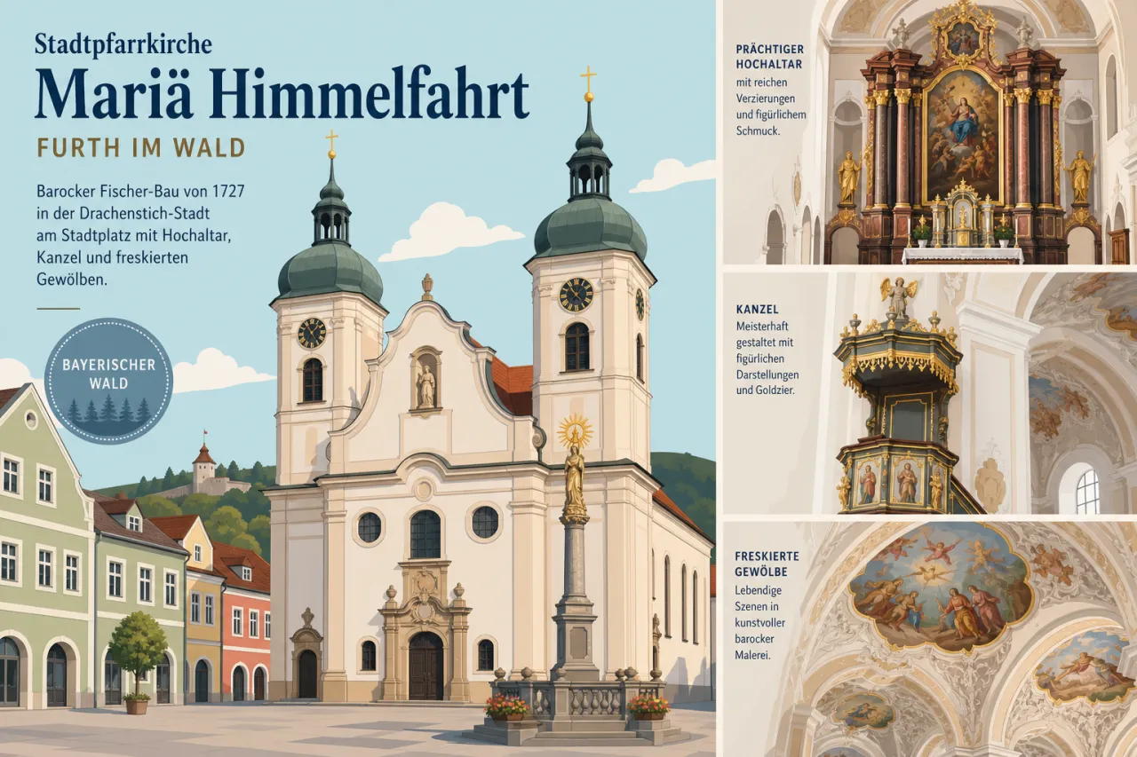 Stadtpfarrkirche Mariä Himmelfahrt Furth im Wald: barocker Fischer-Bau von 1727 in der Drachenstich-Stadt am Stadtplatz mit Hochaltar, Kanzel und freskierten Gewölben