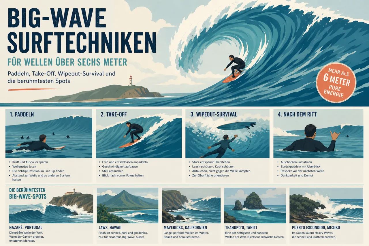 Big-Wave-Surftechniken für Wellen über sechs Meter: Paddeln, Take-Off, Wipeout-Survival und die berühmtesten Spots
