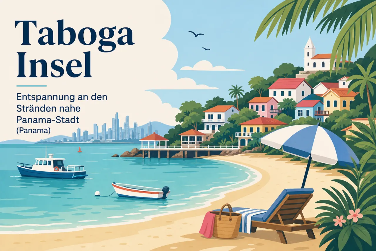 Aquarell-Illustration: Tropische Bucht mit Kokospalmen, Felsenküste und türkisblauem Wasser, im Hintergrund grüne Hügel und bunte Häuser am Strand