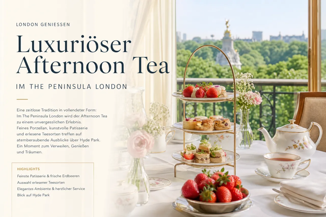 Afternoon Tea im The Peninsula London mit Erdbeeren und Blick Richtung Hyde Park