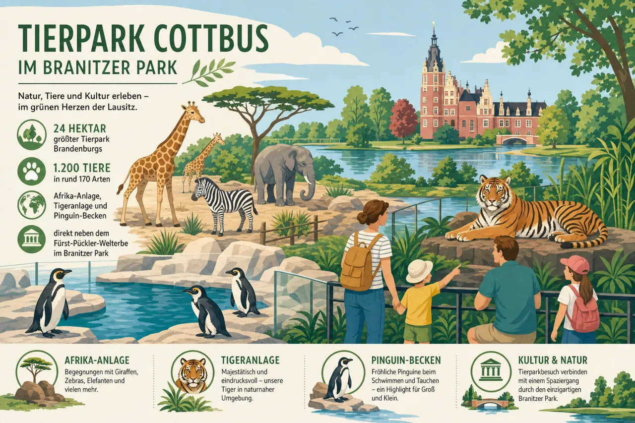 Tierpark Cottbus im Branitzer Park: 24 Hektar größter Tierpark Brandenburgs mit 1.200 Tieren in rund 170 Arten, Afrika-Anlage, Tigeranlage und Pinguin-Becken neben dem Fürst-Pückler-Welterbe