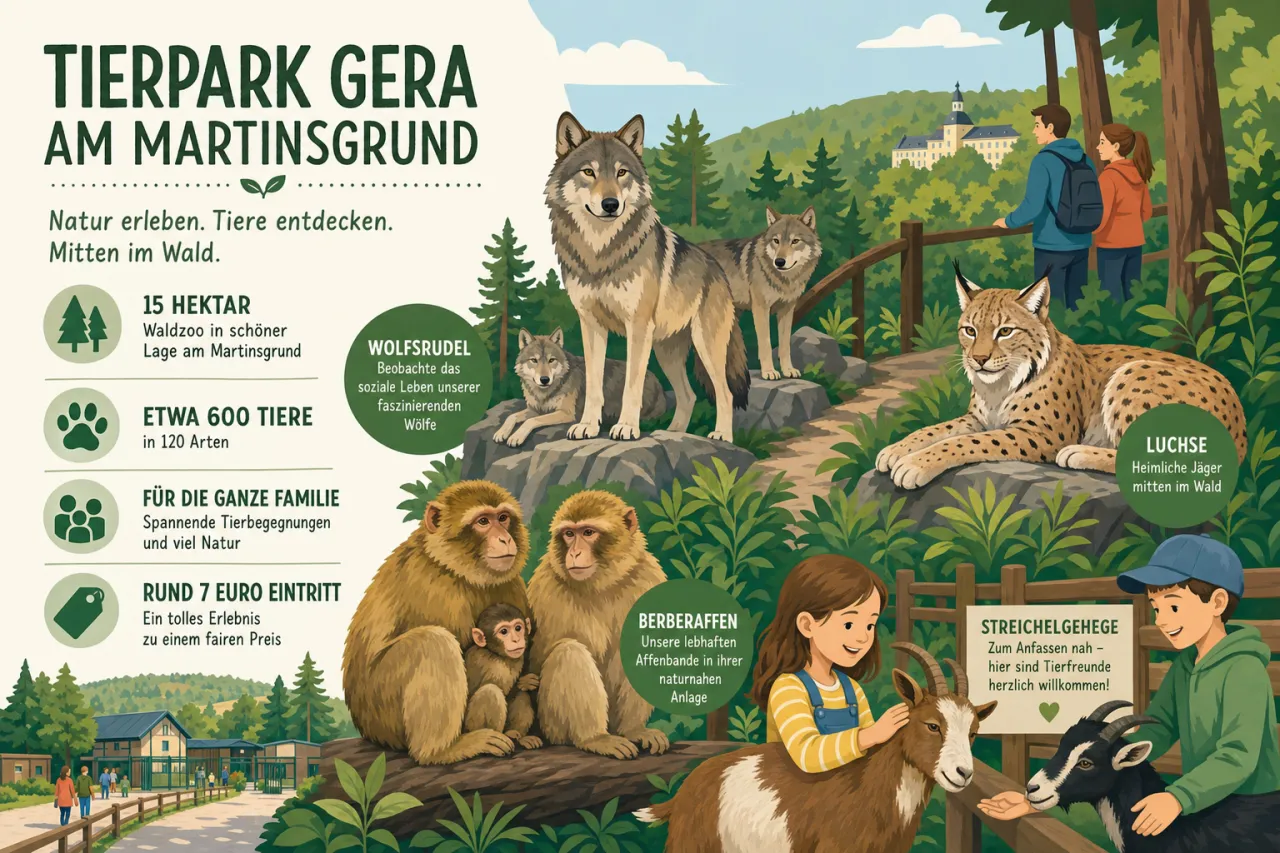 Tierpark Gera am Martinsgrund: 15 Hektar Waldzoo mit etwa 600 Tieren in 120 Arten, Wolfsrudel, Luchsen, Berberaffen und Streichelgehege für rund 7 Euro Eintritt
