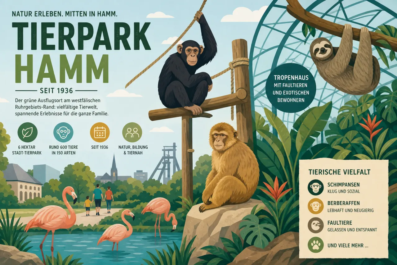 Tierpark Hamm im westfälischen Ruhrgebiets-Rand: 6 Hektar Stadt-Tierpark mit Schimpansen, Berberaffen, Tropenhaus mit Faultieren und rund 600 Tieren in 150 Arten seit 1936